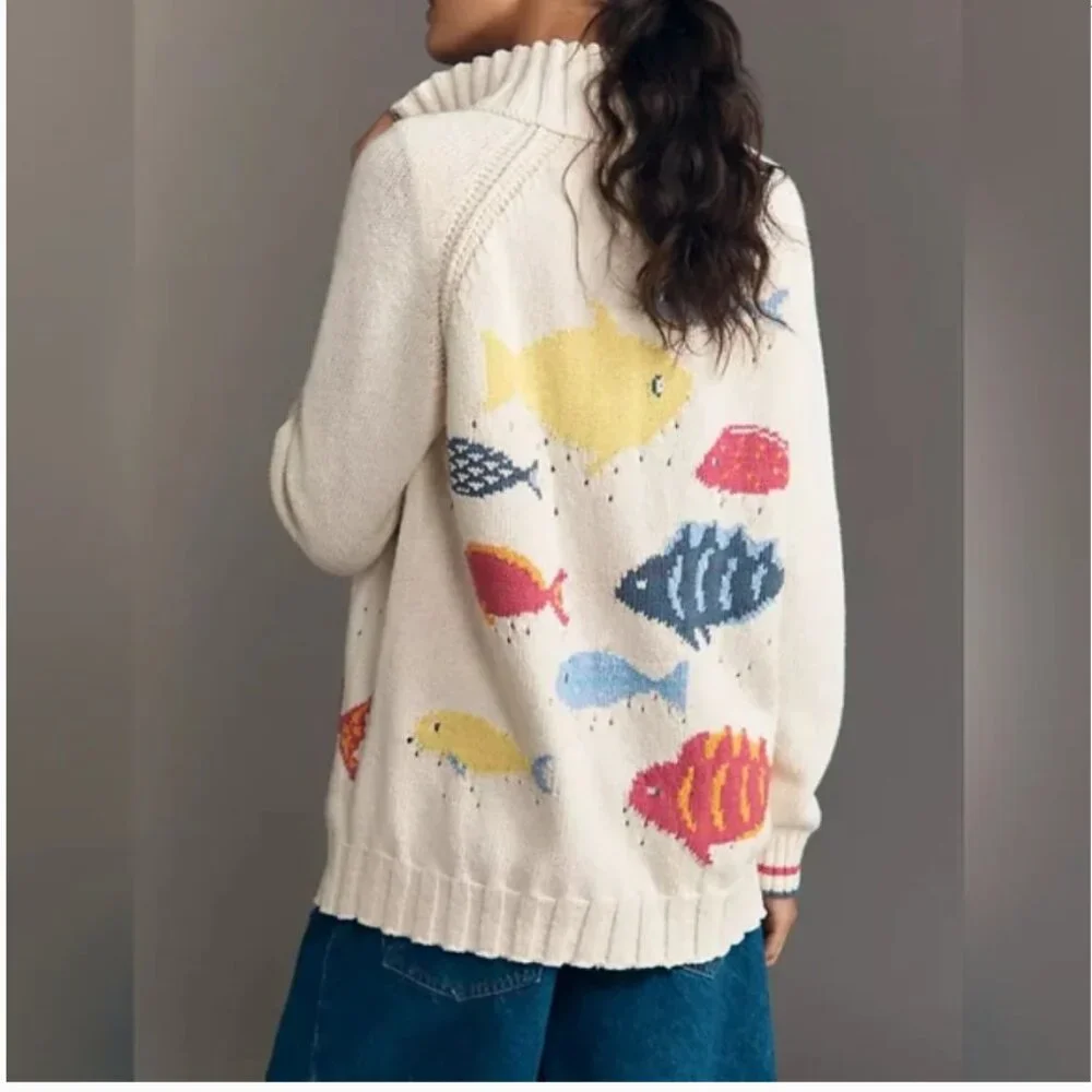 Anthropologie Zipper Closure Knit Cardigan Fish Graphic Sweater size L